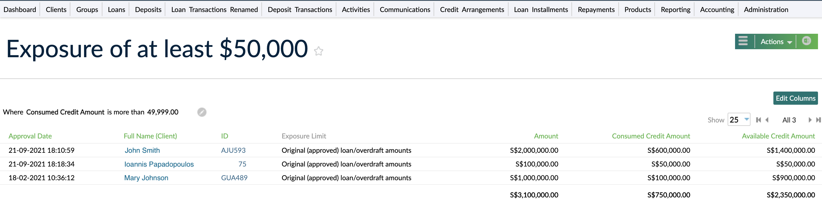 Credit arrangement custom view example